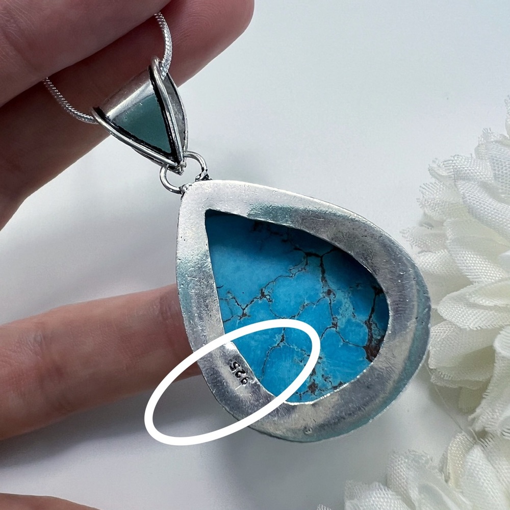 Turquoise Pendant Necklace Sterling Silver 925 Vintage Style Pear New - Picture 6 of 6